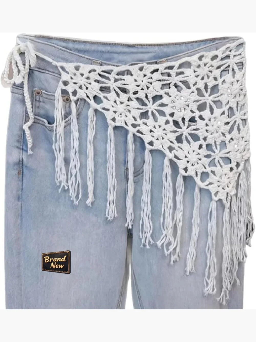 Crochet Fringe Tie Waist Belt Boho Tassel Hip Scarf Y2K Wrap Cover Up Festival
